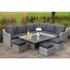 'Peony' Luxury Rattan 9 Seater Garden Sofa Set With Rectangular Rising Table And Footstools In Pebble By Primrose Living -Plants outlet store 9 Seater Rectangular Rising Table Footstools 5 8653