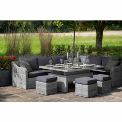 'Peony' Luxury Rattan 9 Seater Garden Sofa Set With Rectangular Rising Table And Footstools In Pebble By Primrose Living -Plants outlet store 9 Seater Rectangular Rising Table Footstools 9 1517