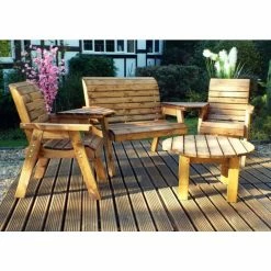Charles Taylor Wooden Garden 4 Seater Set Round With Green Cushions