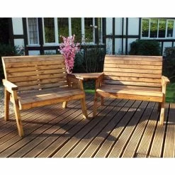 Charles Taylor Wooden Garden Twin Bench Angled Set With Green Cushions And Standard Covers