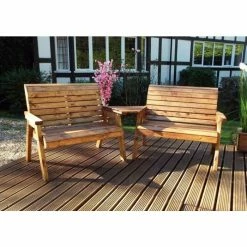 Charles Taylor Wooden Garden Twin Bench Angled Set With Burgundy Cushions And Standard Covers