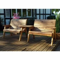Charles Taylor Wooden Garden Twin Bench Set With Green Cushions And Standard Covers
