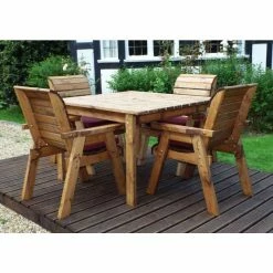 Charles Taylor Wooden Garden 4 Seater Square Table Dining Set With Burgundy Cushions And Parasol -Plants outlet store FU101674 rollover image 61db