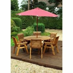 Charles Taylor Wooden Garden 6 Seater Round Table Dining Set With Burgundy Cushions And Parasol -Plants outlet store FU101676 rollover image 06de