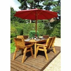 Charles Taylor Wooden Garden 6 Seater Rectangle Table Dining Bench Set With Burgundy Cushions And Parasol