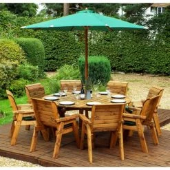 Charles Taylor Wooden Garden 8 Seater Round Table Dining Set With Green Cushions And Parasol
