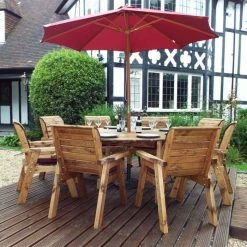 Charles Taylor Wooden Garden 8 Seater Round Table Dining Set With Burgundy Cushions And Parasol