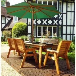 Charles Taylor Wooden Garden 8 Seater Rectangle Table Dining Bench Set With Green Cushions And Parasol