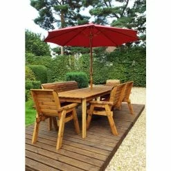 Charles Taylor Wooden Garden 8 Seater Rectangle Table Dining Bench Set With Burgundy Cushions And Parasol -Plants outlet store FU101686 add image 1 a137