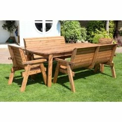 Charles Taylor Wooden Garden 8 Seater Rectangle Table Dining Bench Set With Burgundy Cushions And Parasol -Plants outlet store FU101686 rollover image 325b