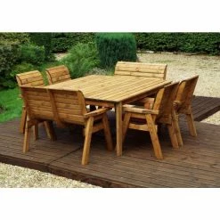 Charles Taylor Wooden Garden 8 Seater Square Table Dining Chair And Bench Set With Burgundy Cushions And Parasol -Plants outlet store FU101688 rollover image fc49