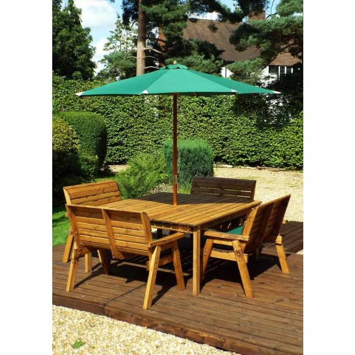 Wooden Garden Eight Seater Table Dining Bench Set With Green Cushions And Parasol 5 Wooden Garden Eight Seater Table Dining Bench Set With Green Cushions And Parasol - Image 3