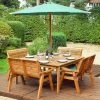 Wooden Garden Eight Seater Table Dining Bench Set With Green Cushions And Parasol