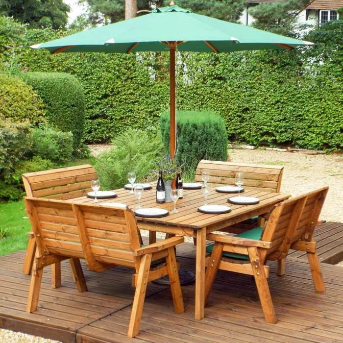 Wooden Garden Eight Seater Table Dining Bench Set With Green Cushions And Parasol 3 Wooden Garden Eight Seater Table Dining Bench Set With Green Cushions And Parasol