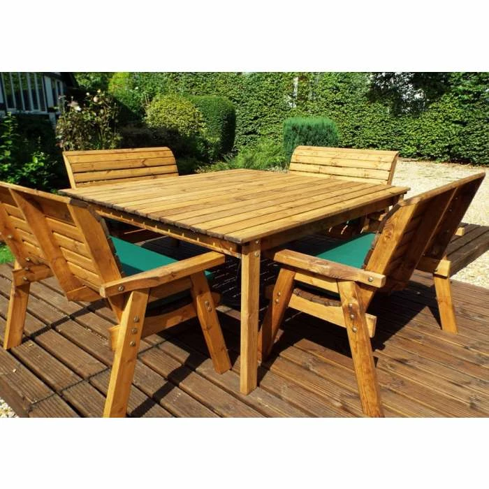 Wooden Garden Eight Seater Table Dining Bench Set With Green Cushions And Parasol 4 Wooden Garden Eight Seater Table Dining Bench Set With Green Cushions And Parasol - Image 2