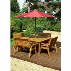 Charles Taylor Wooden Garden 8 Seater Square Table Dining Bench Set With Burgundy Cushions And Parasol -Plants outlet store FU101690 add image 1 d65c