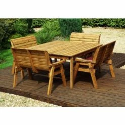 Charles Taylor Wooden Garden 8 Seater Square Table Dining Bench Set With Burgundy Cushions And Parasol -Plants outlet store FU101690 rollover image 8bb4