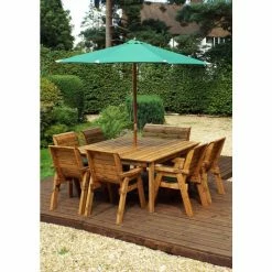 Charles Taylor Wooden Garden 8 Seater Square Table Dining Chair Set And Bench With Green Cushions And Parasol -Plants outlet store FU101693 add image 1 30ea