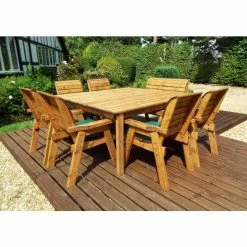 Charles Taylor Wooden Garden 8 Seater Square Table Dining Chair Set And Bench With Green Cushions And Parasol -Plants outlet store FU101693 rollover image 27f3