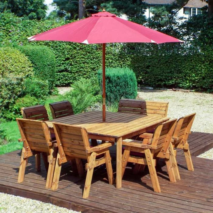 Charles Taylor Wooden Garden 8 Seater Square Table Dining Chair Set And Bench With Burgundy Cushions And Parasol 5 Charles Taylor Wooden Garden 8 Seater Square Table Dining Chair Set And Bench With Burgundy Cushions And Parasol - Image 3
