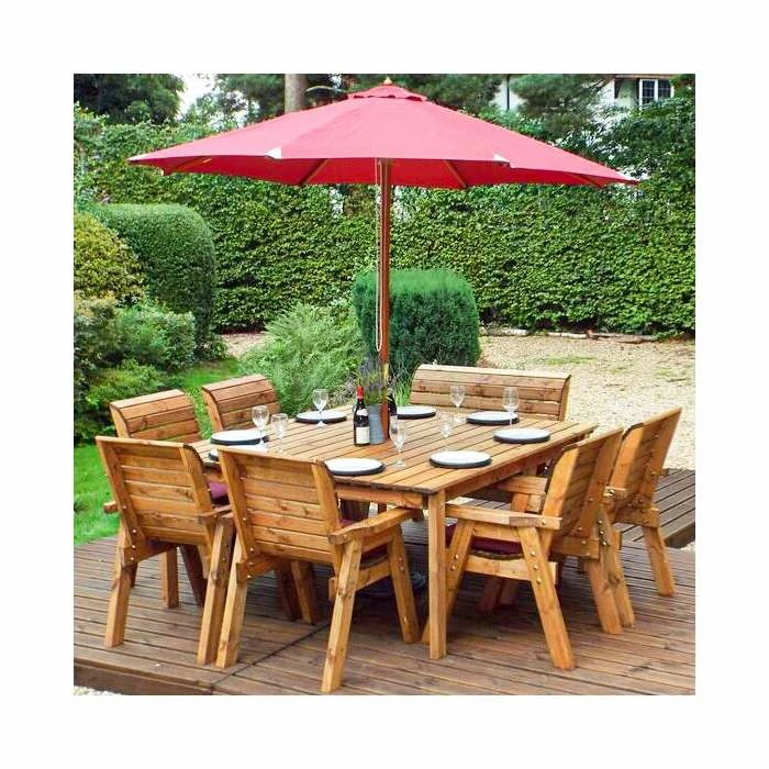 Charles Taylor Wooden Garden 8 Seater Square Table Dining Chair Set And Bench With Burgundy Cushions And Parasol 3 Charles Taylor Wooden Garden 8 Seater Square Table Dining Chair Set And Bench With Burgundy Cushions And Parasol
