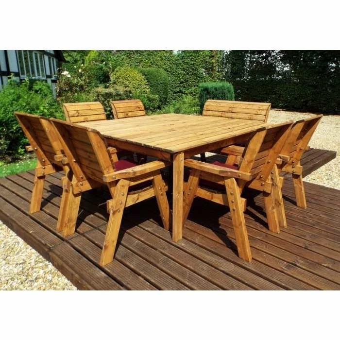 Charles Taylor Wooden Garden 8 Seater Square Table Dining Chair Set And Bench With Burgundy Cushions And Parasol 4 Charles Taylor Wooden Garden 8 Seater Square Table Dining Chair Set And Bench With Burgundy Cushions And Parasol - Image 2