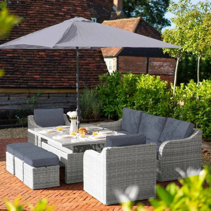 'Peony' Luxury Rattan 8 Seater Garden Sofa Set With Rectangular Rising Table And Parasol In Pebble By Primrose Living 4 'Peony' Luxury Rattan 8 Seater Garden Sofa Set With Rectangular Rising Table And Parasol In Pebble By Primrose Living - Image 2