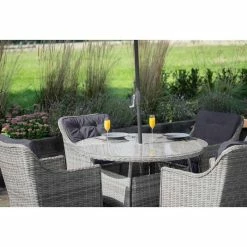 Luxury Rattan 4 Seater Circular Garden Dining Set In Pebble By Primrose Living -Plants outlet store FU102386 Light Grey FullSetClose 0e6f