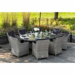 Luxury Rattan 8 Seater Oval Garden Dining Set In Pebble By Primrose Living -Plants outlet store FU102392 Light Grey FullSetNoPara e381