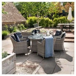 Luxury Rattan 6 Seater Oval Fire Pit Garden Dining Set In Pebble By Primrose Living -Plants outlet store FU102396 3 2b37