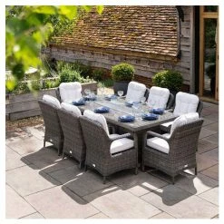 Luxury Rattan 8 Seater Rectangular Fire Pit Table Garden Dining Set In Stone By Primrose Living -Plants outlet store FU102398 2 023e