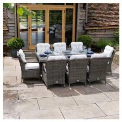 Luxury Rattan 8 Seater Rectangular Fire Pit Table Garden Dining Set In Stone By Primrose Living -Plants outlet store FU102398 3 86c3