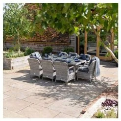 Luxury Rattan 8 Seater Rectangular Fire Pit Garden Dining Set In Pebble By Primrose Living -Plants outlet store FU102399 5 3443
