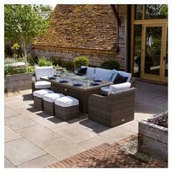 'Peony' Luxury Rattan 8 Seater Garden Sofa Set With Rectangular Fire Pit Table And Stools In Stone By Primrose Living -Plants outlet store FU102401 5 1dd1