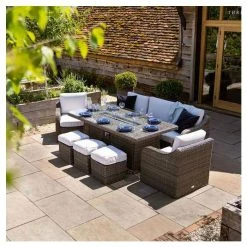 'Peony' Luxury Rattan 8 Seater Garden Sofa Set With Rectangular Fire Pit Table And Stools In Stone By Primrose Living -Plants outlet store FU102401 6 4584
