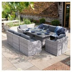 'Peony' Luxury Rattan 8 Seater Garden Sofa Set With Rectangular Fire Pit Table In Pebble By Primrose Living
