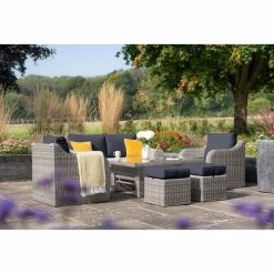 'Peony' Luxury Rattan 6 Seater Garden Sofa Set With Square Rising Table And Parasol In Pebble By Primrose Living -Plants outlet store FU102416 Light Grey FullSetFlower 11cf