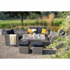 'Peony' Luxury Rattan 6 Seater Garden Sofa Set With Square Rising Table And Parasol In Pebble By Primrose Living -Plants outlet store FU102416 Light Grey FullSetTreeNoPara b906