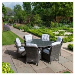 Classic Rattan 6 Seater Circular Garden Dining Set With Parasol In Stone By Primrose Living -Plants outlet store FU102446 1 72b5