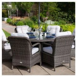 Classic Rattan 6 Seater Circular Garden Dining Set With Parasol In Stone By Primrose Living -Plants outlet store FU102446 7 c092