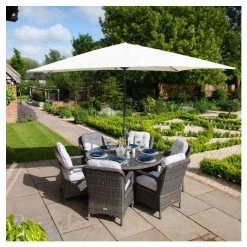 Classic Rattan 6 Seater Circular Garden Dining Set With Parasol In Stone By Primrose Living -Plants outlet store FU102446 8 7687