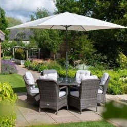 Classic Rattan 6 Seater Circular Garden Dining Set With Parasol In Stone By Primrose Living -Plants outlet store FU102446 main 3871
