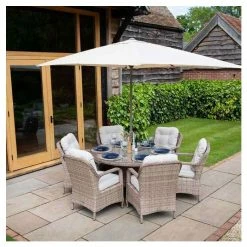 Classic Rattan 6 Seater Circular Garden Dining Set With Parasol By Primrose Living -Plants outlet store FU102447 13c1