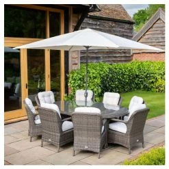 Classic Rattan 8 Seater Oval Garden Dining Set With Parasol In Stone By Primrose Living -Plants outlet store FU102448 1 4d4c