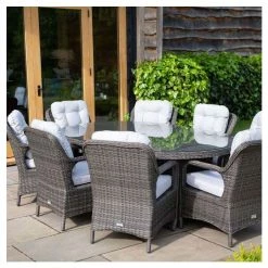 Classic Rattan 8 Seater Oval Garden Dining Set With Parasol In Stone By Primrose Living -Plants outlet store FU102448 3 d1a2