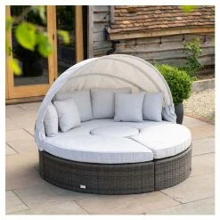 Classic Rattan Modular Daybed Sofa Set With Retractable Canopy In Stone By Primrose Living -Plants outlet store FU102452 4 200d