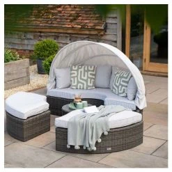 Classic Rattan Modular Daybed Sofa Set With Retractable Canopy In Stone By Primrose Living -Plants outlet store FU102452 8 164a