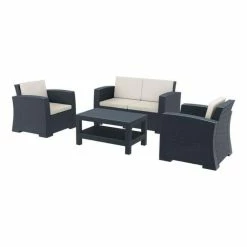 Rattan Effect Four Seater Five Piece Lounge Set In Dark Grey