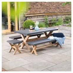 Rustic Cement & Acacia Wood 8 Seater Dining Set With Benches By Primrose Living -Plants outlet store FU17146 1 8a6b