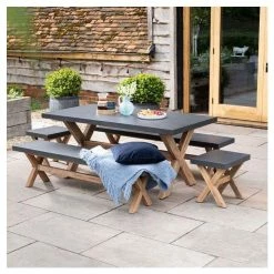 Rustic Cement & Acacia Wood 8 Seater Dining Set With Benches By Primrose Living -Plants outlet store FU17146 Main 1491